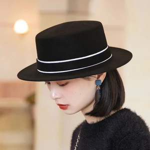 Mũ vành phẳng màu đen dành cho nữ vào mùa thu đông Phong cách mới Mũ len kiểu Pháp Mũ nỉ thời trang và đa năng Thanh lịch Flat Top Mũ len dành cho nữ