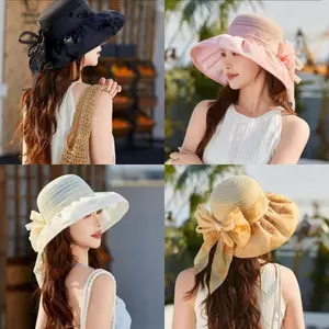 Mũ chống nắng nhẹ dành cho nữ có ruy băng bướm và vải Polyester in hoa cho các hoạt động ngoài trời