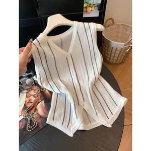 Áo vest dệt kim sọc cổ chữ V dành cho nữ, áo không tay, dáng suông và đi làm đa năng cho nữ m