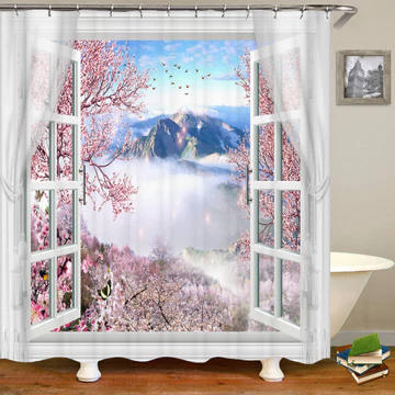 Cửa sổ 3D mở cảnh quan cửa sổ in cảnh quan rèm tắm nấm mốc có thể giặt được rèm trang trí phòng tắm có móc rèm