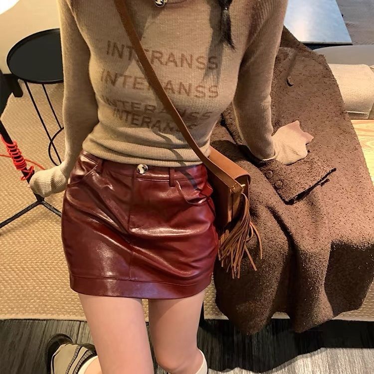 Váy da PU burgundy nửa chiều dài - Phong cách hotgirl mới thu đông cao cấp, thiết kế ômbody