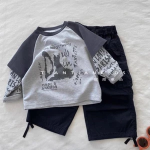 Quần áo bé trai cotton nguyên chất xuân thu, áo raglan trẻ em, áo sơ mi dài tay giả hai mảnh