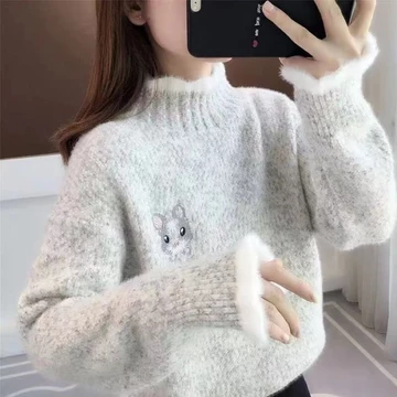 Quần Áo Bé Gái Áo Len Nửa Cổ Cao Cổ Ren Chenille Áo Len Nữ Thu Đông Phong Cách Mới Lông Cừu Lót Dày Áo Chui Đầu Áo Len Mỏng Hơn Nhìn Đáy Áo Sơ Mi