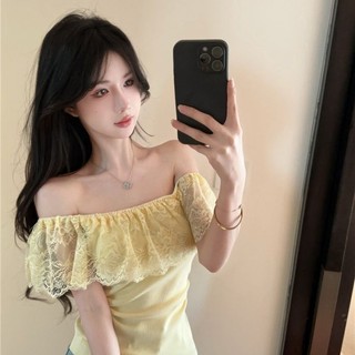 French Lace Lotus Leaf Short-sleeved T-shirt Summer Slim Top One-shoulder Top