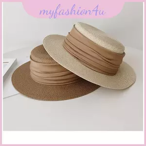 Mũ rơm mùa hè dành cho nữ có vành rộng và chất liệu có họa tiết để mặc trên bãi biển
