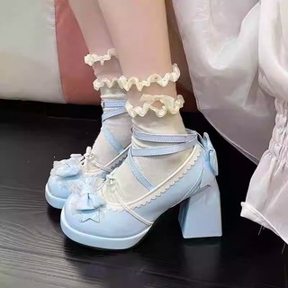 Giày lolita Tính Khí Mary Jane Nền Chống Thấm Nước Gót Dày Giày Cao Gót Phối Ren Nơ Cô Gái Ngọt Ngào Gothic Giày