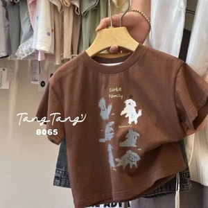 Áo thun ngắn tay cổ tròn thường ngày cho bé trai và bé gái in hình cún con mùa hè cotton nguy