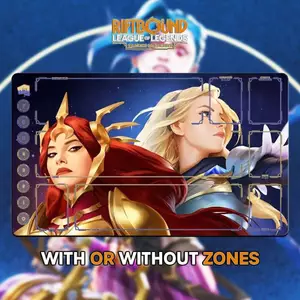 Thảm chơi RIFTBOUND LOL TCG 24x14 "(60 * 35cm) | LUX và LEONA - Thẻ trò chơi Anime EDGES được khâu chống lại bàn di chuột
