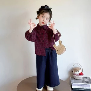 Bé Gái Phù Hợp Với Mùa Thu Phong Cách Mới Bé Gái Hàn Quốc Retro Kẻ Sọc Áo Sơ Mi Tay Dài Trẻ E