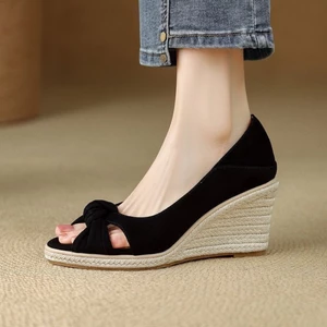 Da Thật Handmade Cổ Tích Giày Sandal Thời Trang Nêm Thời Trang Mùa Xuân Ấm Áp Cao Gót Miệng C