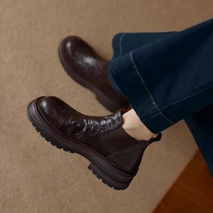 Giày Bốt Cổ Ngắn Mũi Tròn Chelsea Mới Retro Phong Cách Anh Quốc Mắt Cá Chân Giày Boot Đế Dày Thờ
