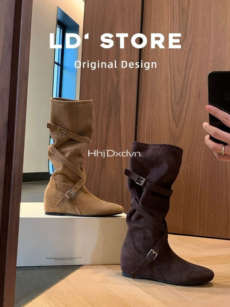 Tăng Chiều Cao 6cm Melade Boots Nữ 2025 Phong Cách Mới Giữa Ống Xếp Ly ...