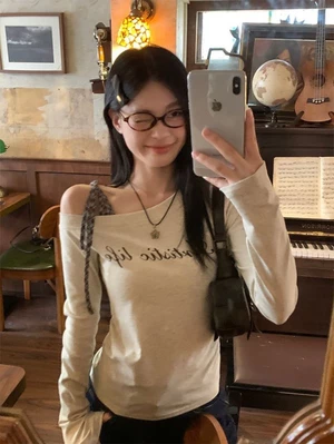 hot girl kẻ sọc quai chéo vai dài tay áo thun nữ xuân thu mới slim slim in chữ đa năng hàng đ