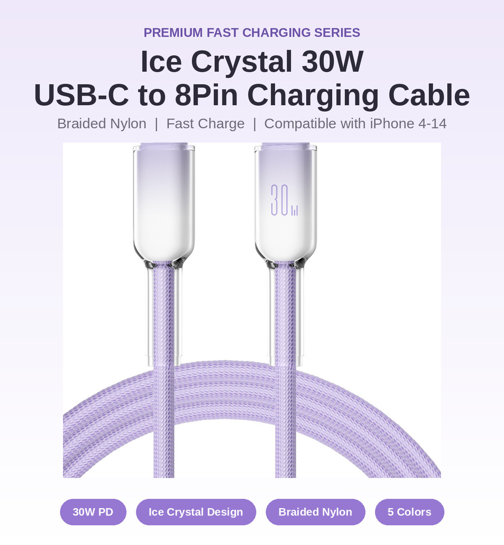 Cáp sạc nhanh 30W USB-C đến 8Pin Ice Crystal Design Dây bện Nylon bền Tương thích với iPhone 4-14 – ảnh mô tả chi tiết 5