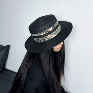 Mực Tranh Webbing Flat-top Mũ Rơm Cho Nữ Kỳ Nghỉ Mùa Hè Chống Nắng Mũ Đi Biển Mũ Retro
