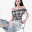 Hot Girl Một Vai Kẻ Sọc Áo Vest Nữ Mùa Hè Chữ Cái Niche Thiết Kế Slim Top Quần Áo Nữ Đơn Giản