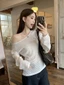 Vai Xiên Dệt Kim Dài Tay Cho Nữ Đầu Thu Slim Fit Hot Girl Áo Chống Nắng Áo Trễ Vai Không Đều