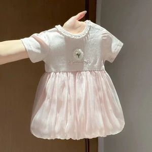 Phong cách ngọt ngào bé gái váy ngắn tay mùa hè mỏng cổ ren thêu váy công chúa