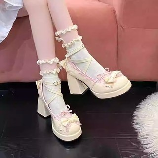 Giày lolita Tính Khí Mary Jane Nền Chống Thấm Nước Gót Dày Giày Cao Gót Phối Ren Nơ Cô Gái Ngọt Ngào Gothic Giày