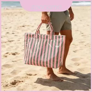 Tote cầm tay bằng nhựa Pvc cỡ lớn sọc có túi mở để đi chơi kỳ nghỉ thông thường và