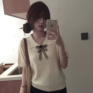 Korean Style Contrast Color Doll Collar Knitted Short Sleeve Women's New Summer Hollow Design