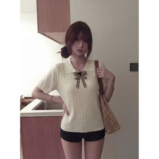 Korean Style Contrast Color Doll Collar Knitted Short Sleeve Women's New Summer Hollow Design