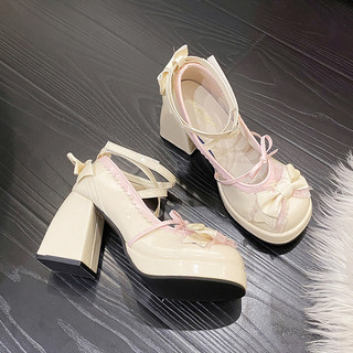 Giày lolita Tính Khí Mary Jane Nền Chống Thấm Nước Gót Dày Giày Cao Gót Phối Ren Nơ Cô Gái Ngọt Ngào Gothic Giày