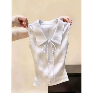 Áo sơ mi không tay sọc nơ phong cách đi làm hàn quốc dành cho nữ có vạt áo eo và thiết kế tho