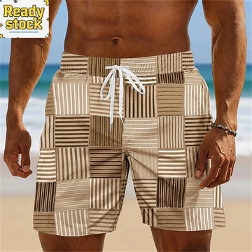 Vintage Kẻ Sọc Màu Khối Quần Short Nam 3D In Hình Bảng Quần Short 3D Quần Short Sấy Nhanh Quần Short Đi Biển Ngày Lễ Hawaii Quần Short