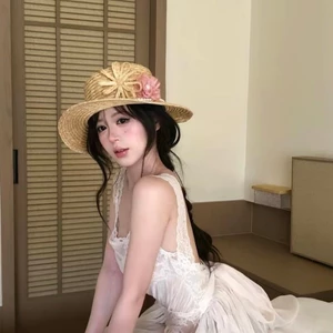 Internet Người Nổi Tiếng Mũ Phong Cách Mục Vụ Pháp Ngọc Trai Hoa Flat-top Mũ Rơm Đi Biển Chống Nắng Mũ Rơm Mũ Chống Nắng