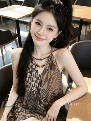 Old Money Style Geometric Print Halter Neck Shirt, Light National Style, Slimming And Flesh-c