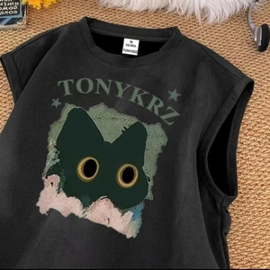 Áo vest cotton nguyên chất cho bé trai và bé gái áo thun không tay dáng rộng hình mèo con hoạ