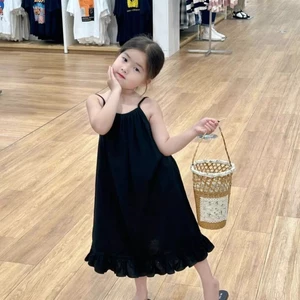 Váy Mùa Hè Cho Bé Gái Tính Khí Nhỏ Màu Đen Hở Lưng Suspender Đầm Trẻ Em Đi Biển Đi Biển Đầm