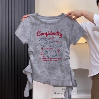 Áo thun ngắn tay in hình mèo cho trẻ trung niên trở lên, áo thun diềm xếp nếp không đều thiết kế mù