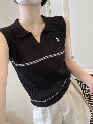 Pháp Không Tay Cổ POLO Dệt Kim Áo Mùa Hè Mới Ve Áo Mỏng Thêu Đa Năng Thịt-Bao Phủ Cao Cấp Hàng Đ