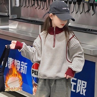 Áo len nhung sọc nửa khóa dành cho bé gái, áo cổ lọ cỡ vừa và lớn dành cho trẻ em, áo ngoài kiểu dá
