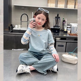 Áo phông giả hai dây kiểu phương Tây cho bé gái, áo phông ngắn tay dài tay trẻ em, quần áo trẻ em c