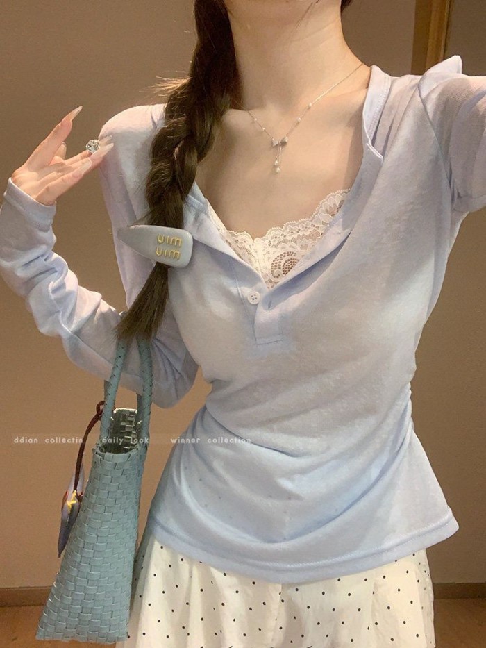 Áo ren nối giả áo hai dây Áo thun nữ mùa hè mỏng hơi xuyên thấu băng lụa dài tay