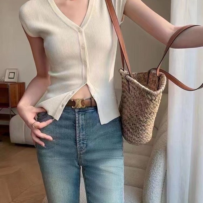 Thắt lưng kiến một vành đơn giản với hạt cong chất lượng cao - Áo len ngắn tay chữ V thời trang