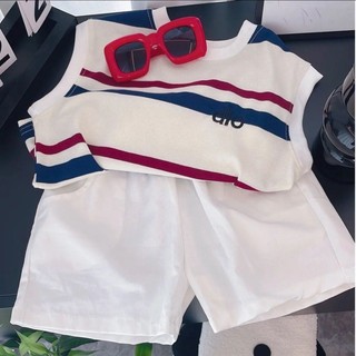 Bộ đồ không tay cho bé trai và bé gái, quần short mùa hè, quần áo mỏng, áo vest cotton sọc hai mảnh