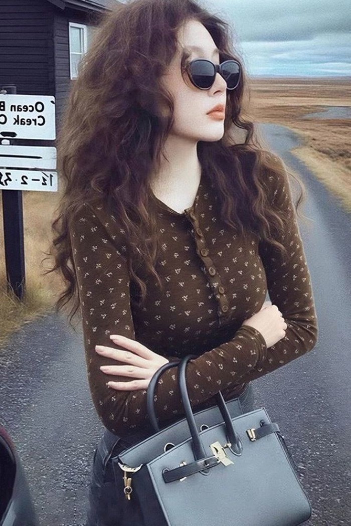 Áo thun tay dài cổ henley màu nâu hoa dành cho nữ mùa thu đông, áo sơ mi lớp trong mỏng và siêu đẹp