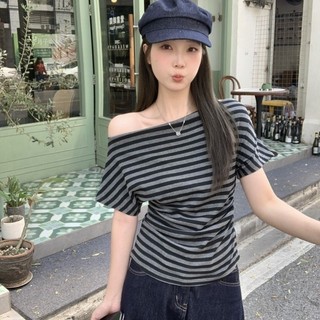 cách mặc áo thun ngắn tay cổ chéo sọc ngang mùa hè cho nữ plus size áo trễ vai độc đáo
