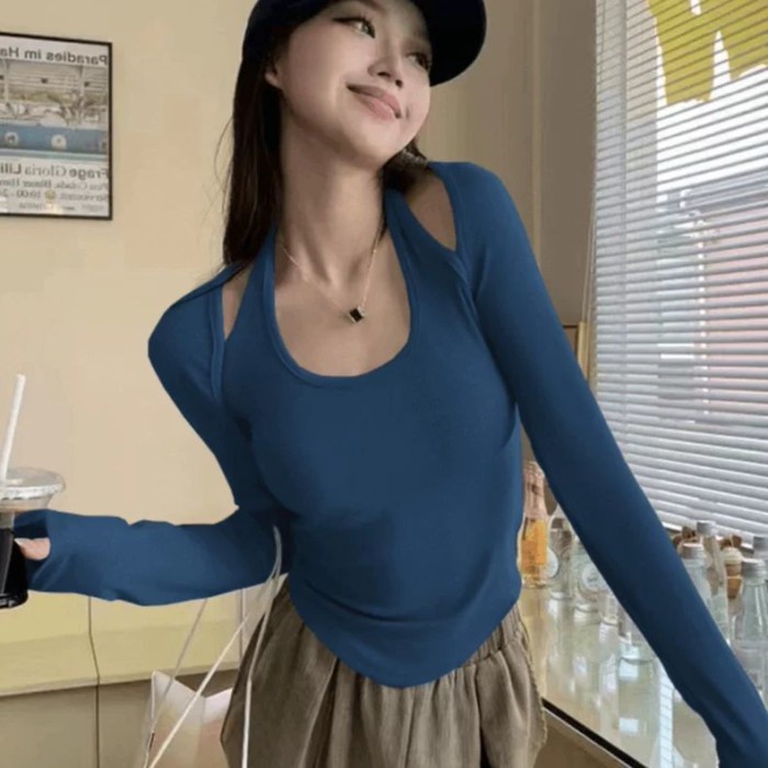 Áo thun giả dài tay hai mảnh dành cho nữ, áo ngắn giảm béo mùa xuân thu, áo sơ mi cổ yếm thời trang