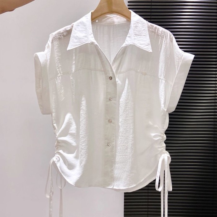 Ve Áo Áo Sơ Mi Tay Ngắn Nữ Mùa Hè Mới Dây Rút Giảm Béo Rời Đa Năng Ngắn Cổ Polo Top