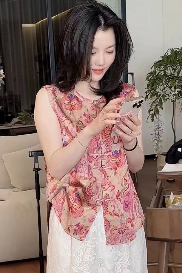 Phong Cách Trung Hoa Mới Nút Đĩa Áo Sơ Mi Không Tay Nữ Mùa Hè Mới Retro Thời Trang Top Áo Vest Á