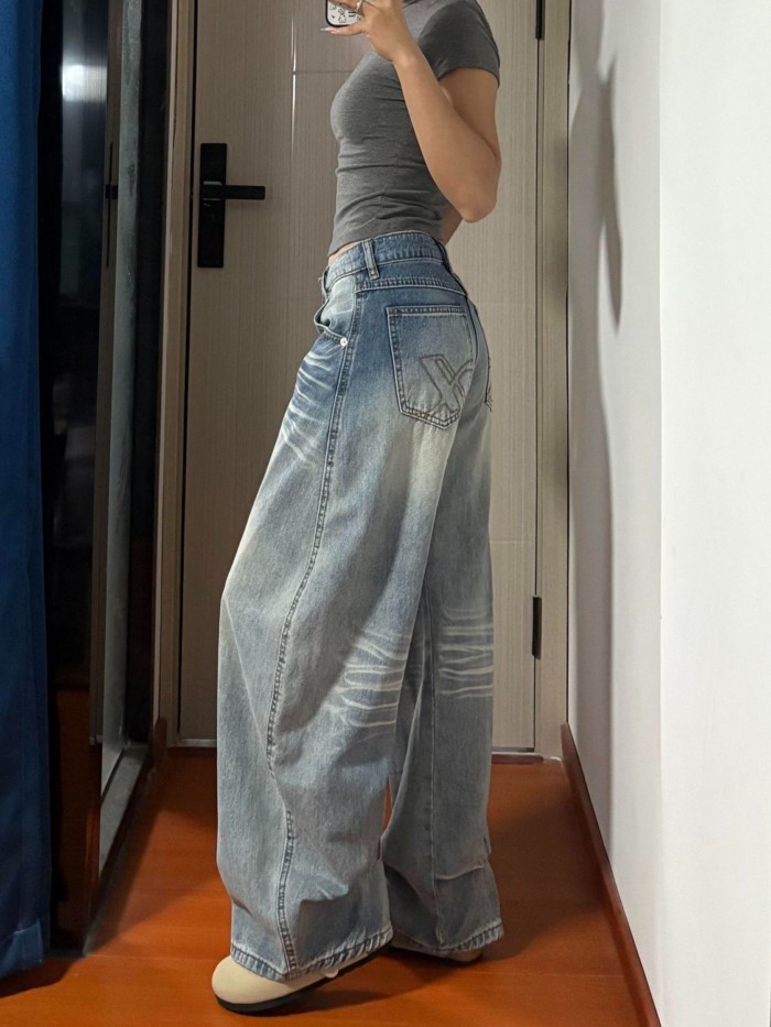 Phong cách retro mùa thu thêu râu mèo đã giặt Mỹ quần jeans ống đứng dáng rộng eo thấp thon gọn tha