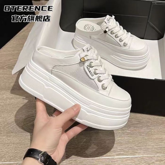 Giày lười lưới mùa hè nửa cốc màu trắng dành cho nữ Giày đế dày Baotou bên trong tăng chiều cao của