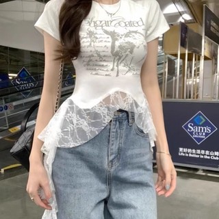Áo thun ngắn tay phối ren trẻ em vừa và lớn in chữ giảm béo mùa hè cho trẻ em