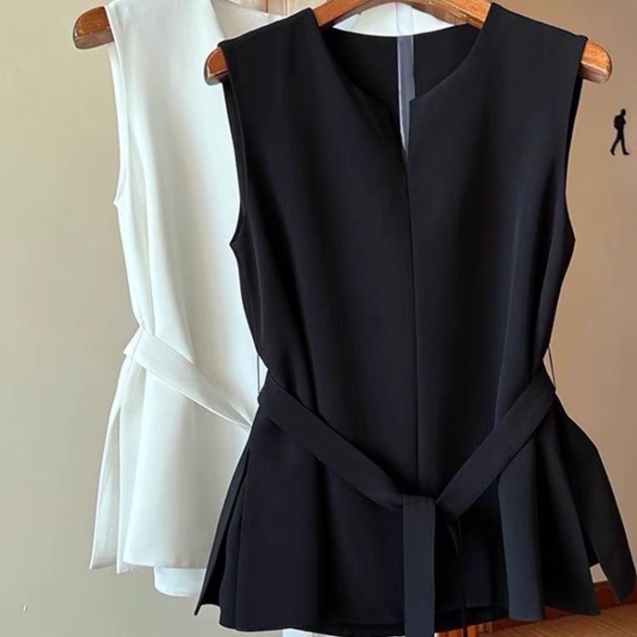 Thắt lưng phù hợp với áo vest nữ mỏng cao cấp áo ghi lê mặc ngoài khí chất không tay xếp tầng hàng