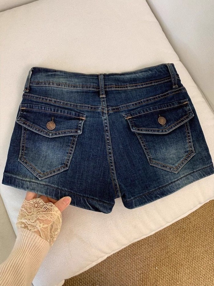 Quần short denim lưng thấp của Mỹ dành cho nữ mùa hè màu xanh đậm đa năng giảm béo nâng mông quầ